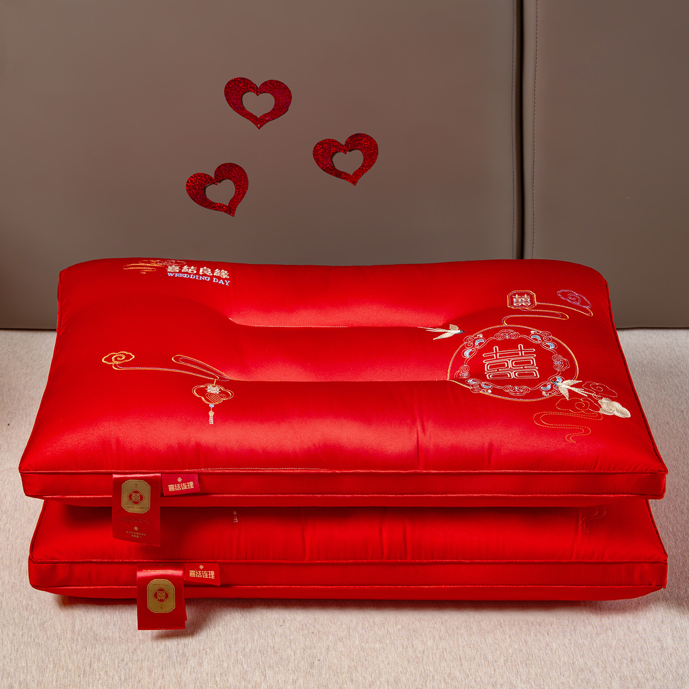 Nuevo algodón almohada de cuello de boda ayuda a dormir núcleo de almohada bordado rojo gran algodón casado pareja casada
