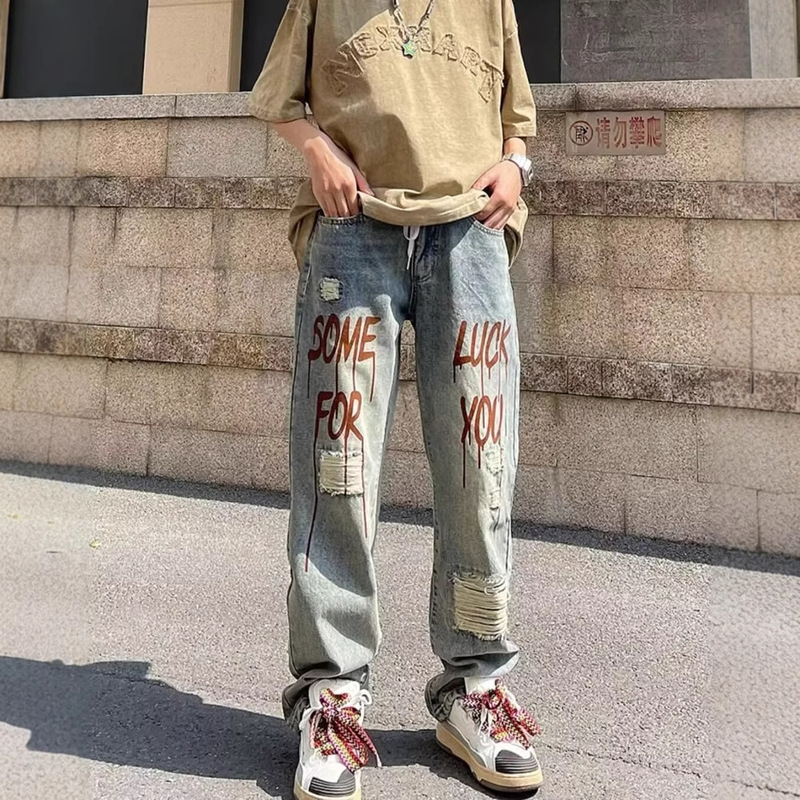 American Street Niche Ripped Jeans Letter Print Bf Retro Hip-Hop High Street Loose Casual Pants for Men American Street Niche Ripped Jeans Letter Print Bf Retro Hip-Hop High Street Loose Casual Pants for Men