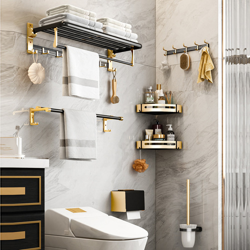 Towel rack bathroom punch-free light luxury black gold thickened toilet towel bathroom hardware pendant bathroom storage rack