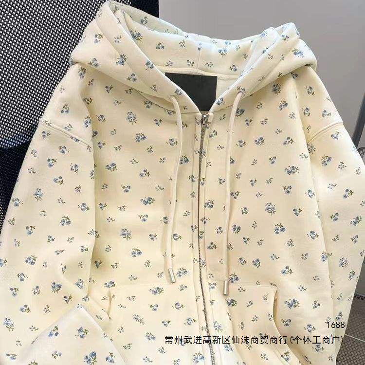 甜美复古碎花连帽卫衣外套女春秋新款学院风宽松百搭薄款长袖开衫