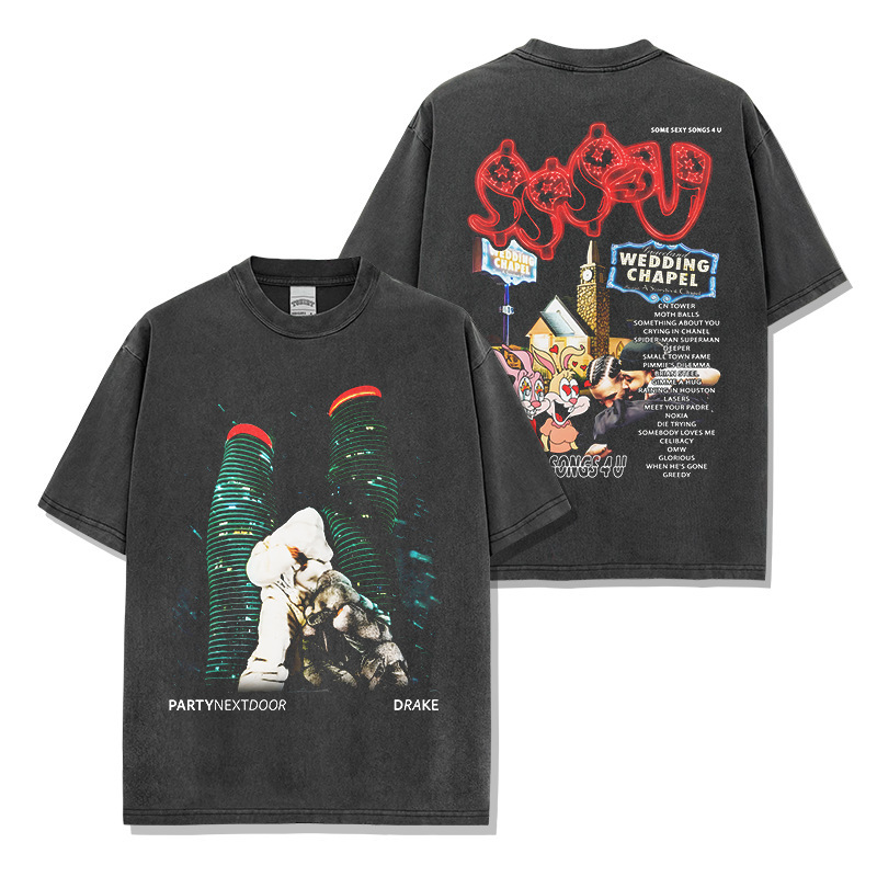 Cross-border American Hip Hop DRAKE Duck Printed Washed Short-sleeved T-shirt Round Neck Loose Casual Hooded Sweatshirt Wholesale