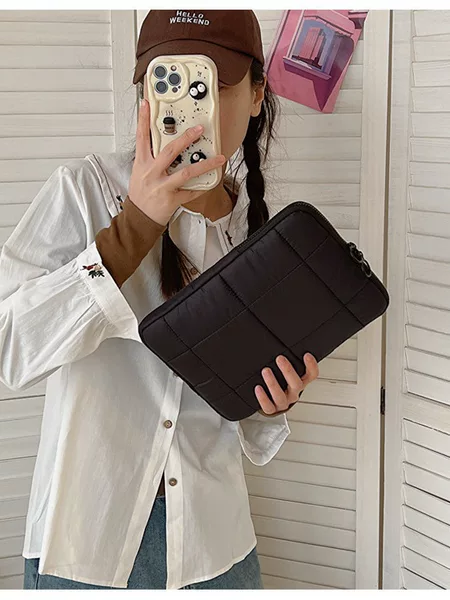 Korean Style Quilted Embroidered Checkered Computer Sleeve Bag, Simple Solid Color Notebook Storage Bag 13inch 15inch Nis Protective Cover