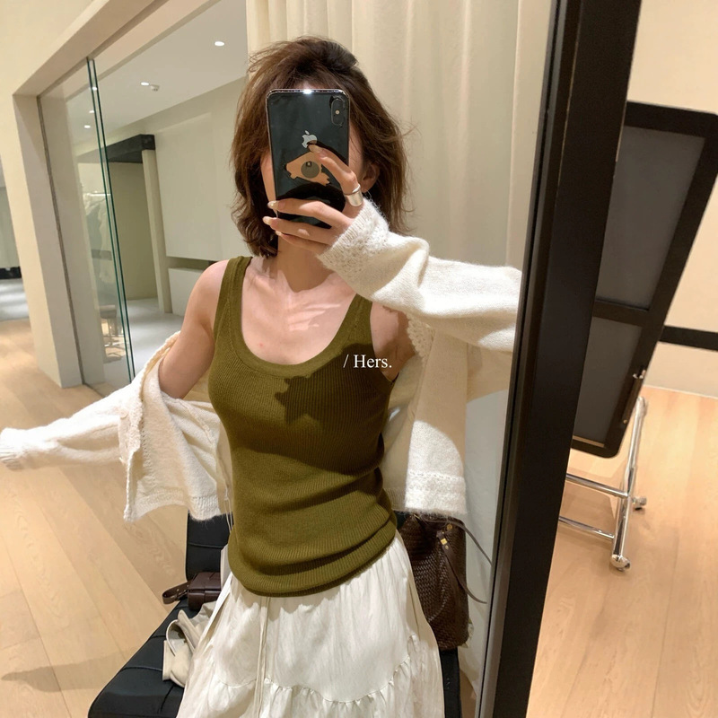 Hers sweet early autumn fashionable simple basic versatile slim-fit multi-color square-neck knitted vest for women 66796
