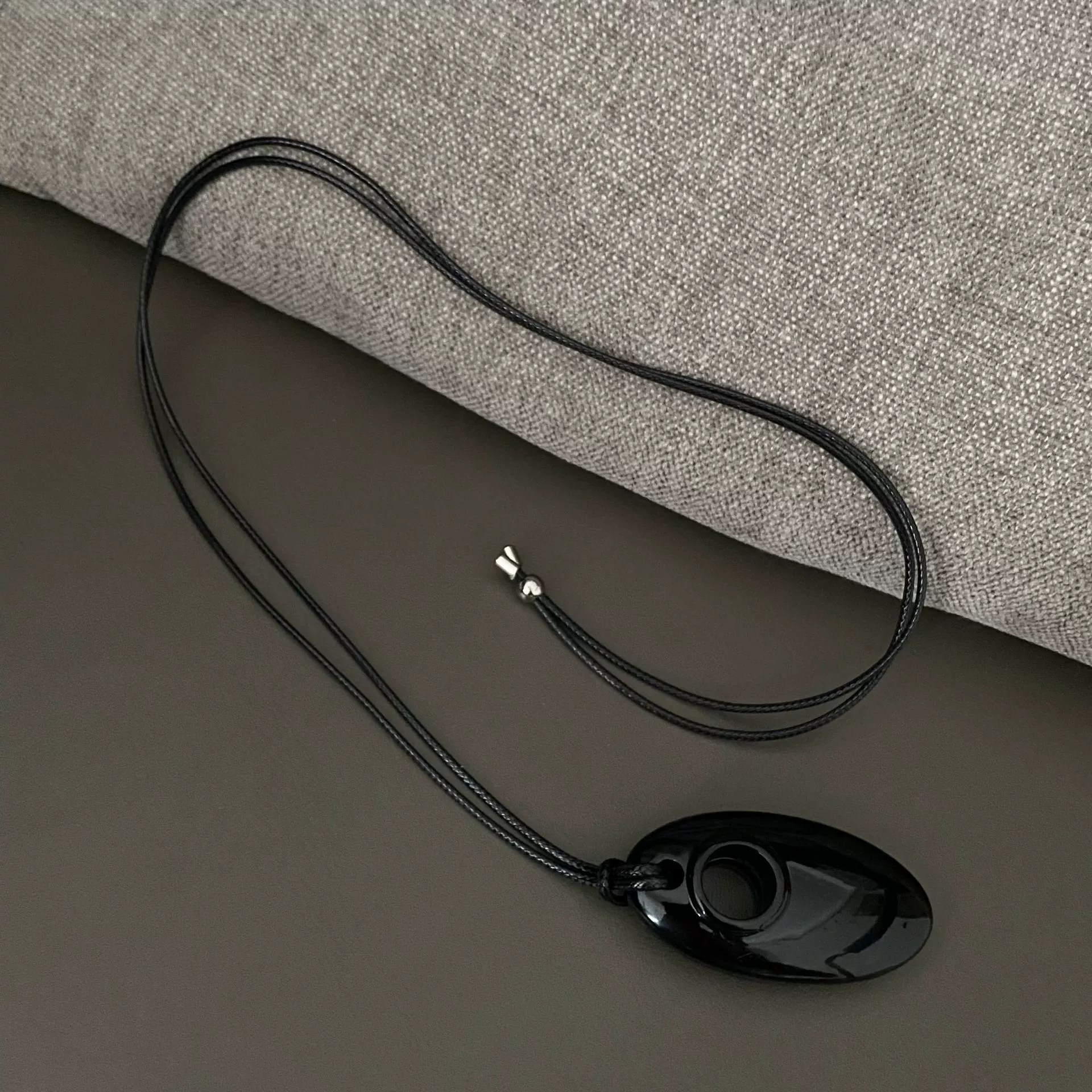 Pendant Necklace, Stainless Steel & Leather Rope, Burgundy/Black/Silver, 7 cm Pendant