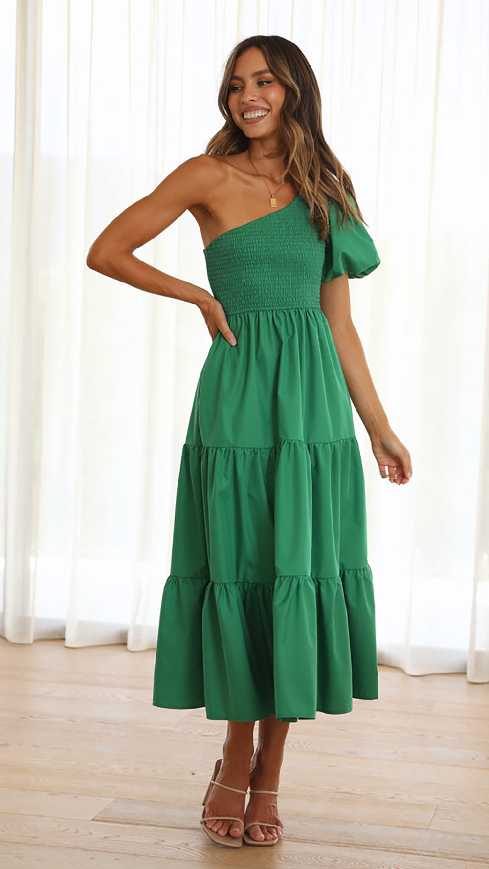 490g Weight Maxi Long Dress Dress Length Type Short Sleeve Sleeve Length Regular Dress Dresses Type Puff Sleeve Sleeve Type Polyester Fabric Type Mid Waist Waist Line Holiday, Daily Occasion Oblique collar Neckline Regular Fit Fit Type Solid Color Pattern Summer Season Women's Gender Ruffles Design Streetwear Style Wholesale Women's Streetwear Ruffles Solid Color Holiday Daily Oblique Collar Short Sleeve Regular Dress 13