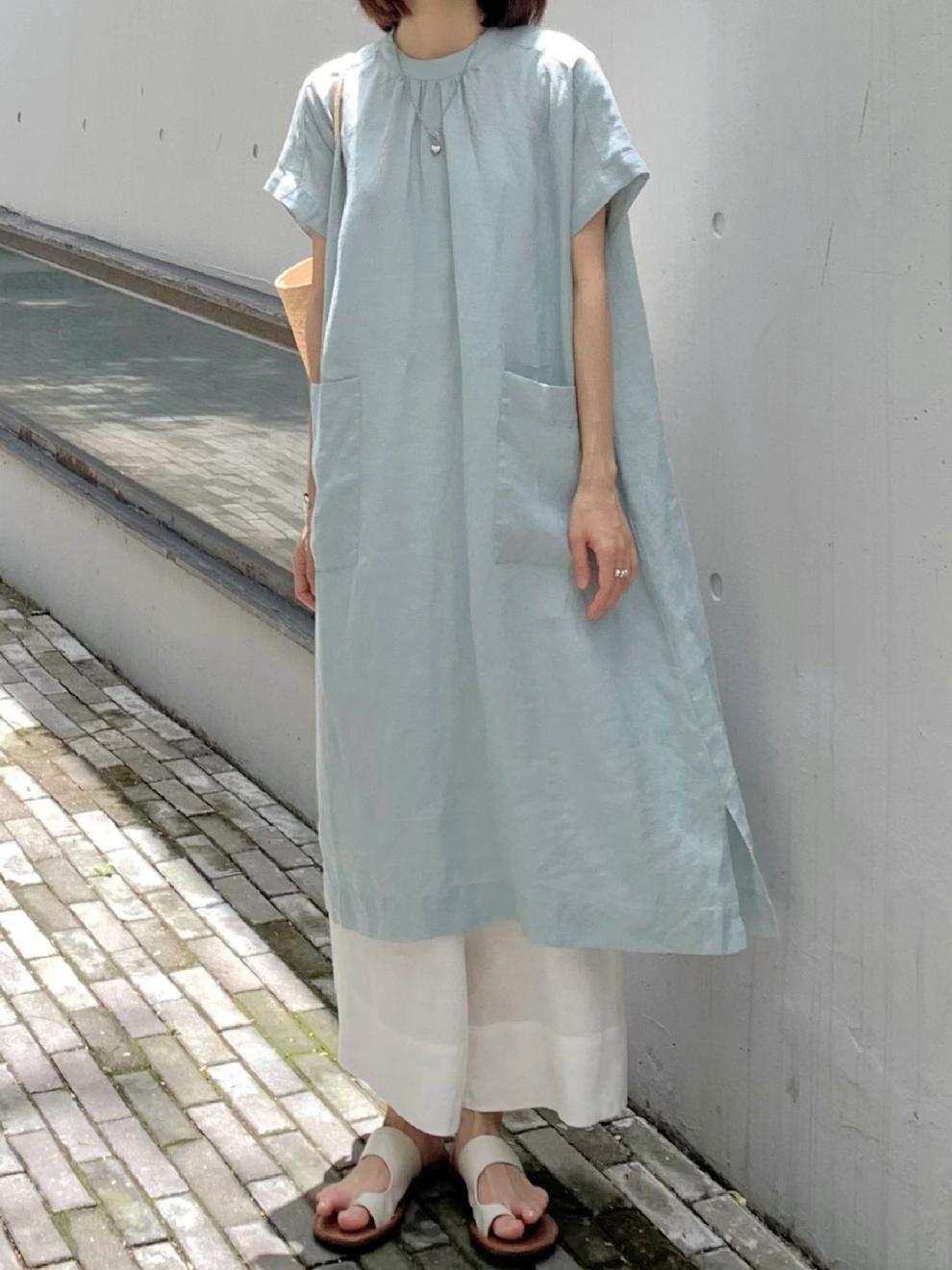 2024 Summer New Japanese French Elegant Lazy Large Pocket Round Neck Dress Artistic Style Long Robe_ecoleips.com