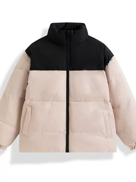 Unisex cotton-padded jacket, featuring a patchwork design with Oxford cloth accents, suitable for couples, and ideal as a men's outerwear piece