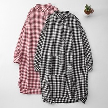 2025春秋新款洋气时尚立领长袖格子中长裙女文艺休闲棉麻连衣裙