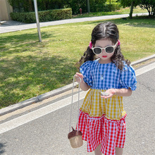 女童公主裙2023夏款女宝宝3色格子木耳边拼接泡泡短袖宽松连衣裙