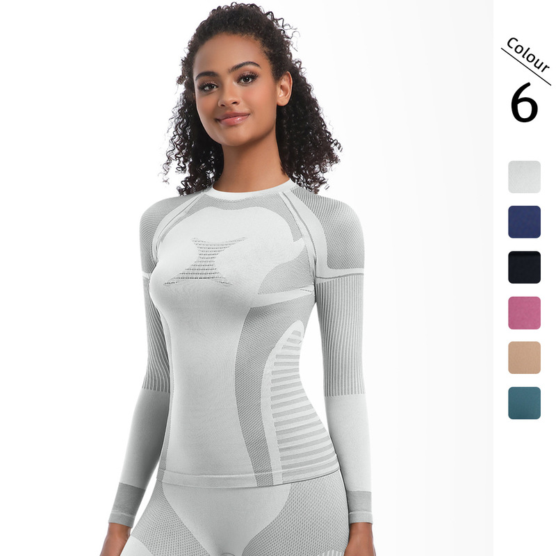 Cross-border New Seamless Knitted Long Tight High-bounce Ski Suit Long-sleeved Sports Running Fitness Yoga Suit Top