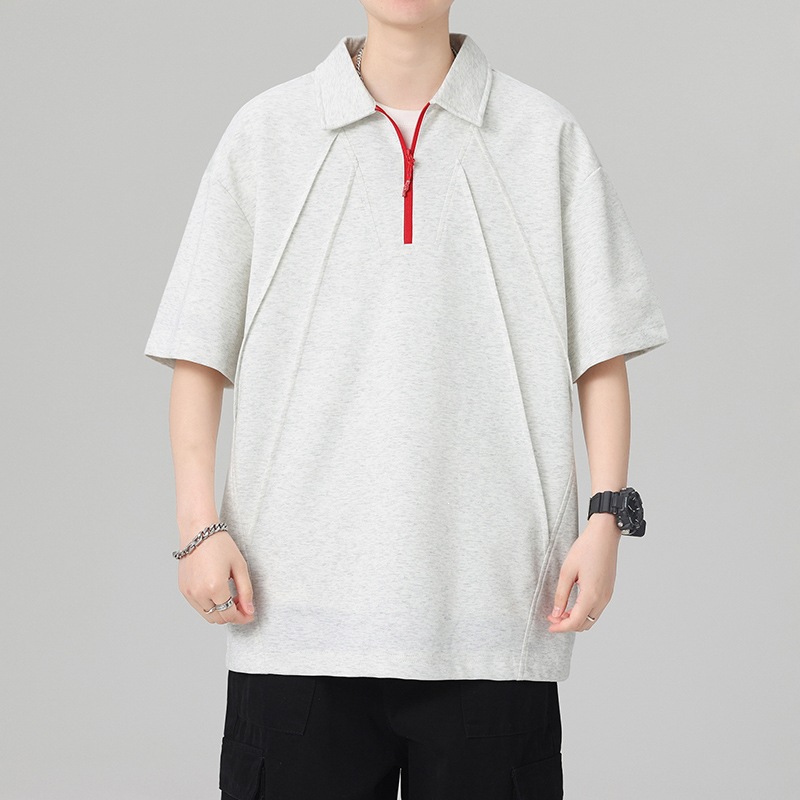 QLFY-5613 High-end deconstructed half-zip polo shirt for men, summer American style, clean fit, off-shoulder top.