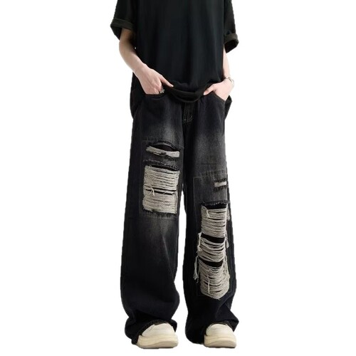 American streetwear retro ripped denim pants for men, summer wash distressed loose wide-leg straight-leg floor-length pants trendy