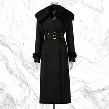 跨境欧美风时尚大毛领外套2025新款金属扣绑带收腰廓形长款风衣女