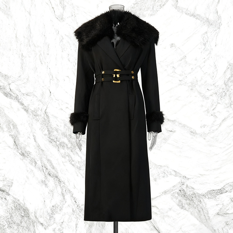 跨境欧美风时尚大毛领外套2025新款金属扣绑带收腰廓形长款风衣女