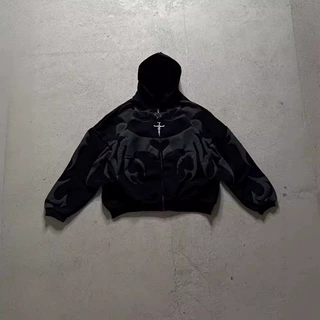 欧美批发跨境暗黑复宽个性美式数码3D印花连帽长袖套头口袋卫衣