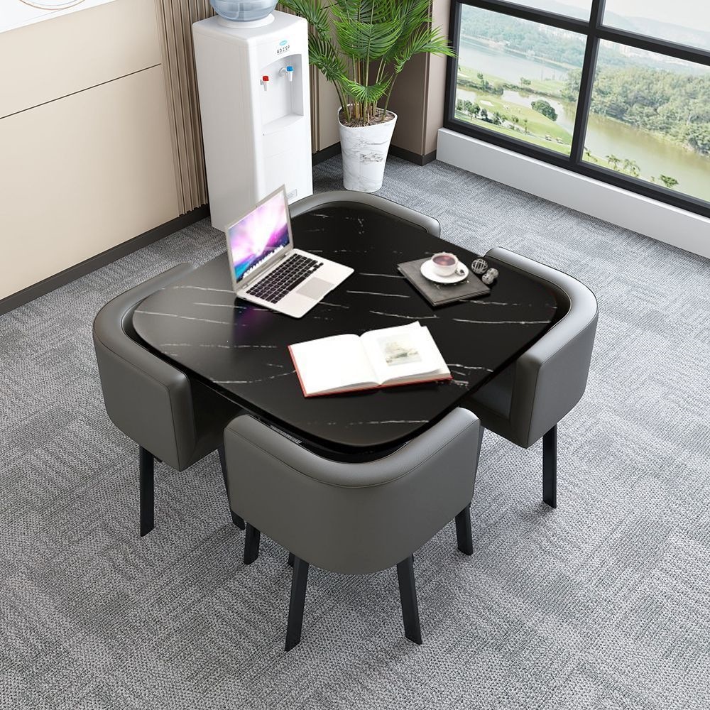 80CM black pattern square table + 4 dark gray leather chairs