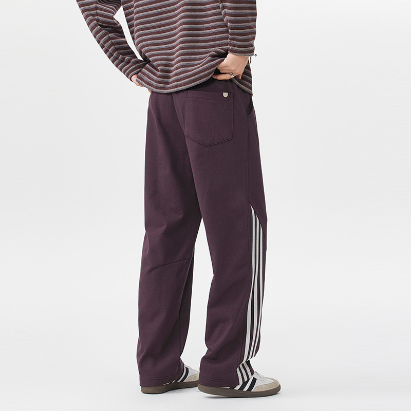 Pantalones a rayas americanos de alta calle para hombres 2025 otoño recto de tendencia cilíndrico de diseño deportivo relajado pantalones casuales de niebla púrpura image 2