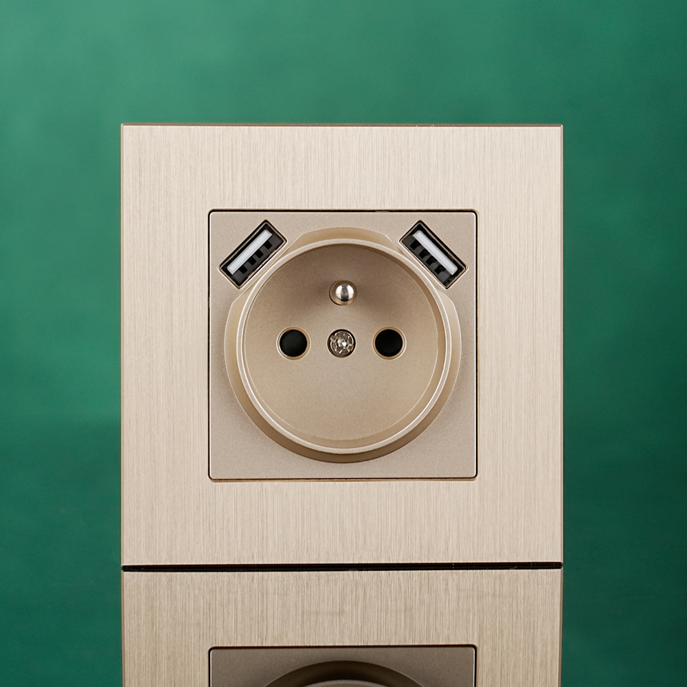 欧标欧规插座铝拉丝面板法插USB插口双Type-A法国墙壁插座ce rohs