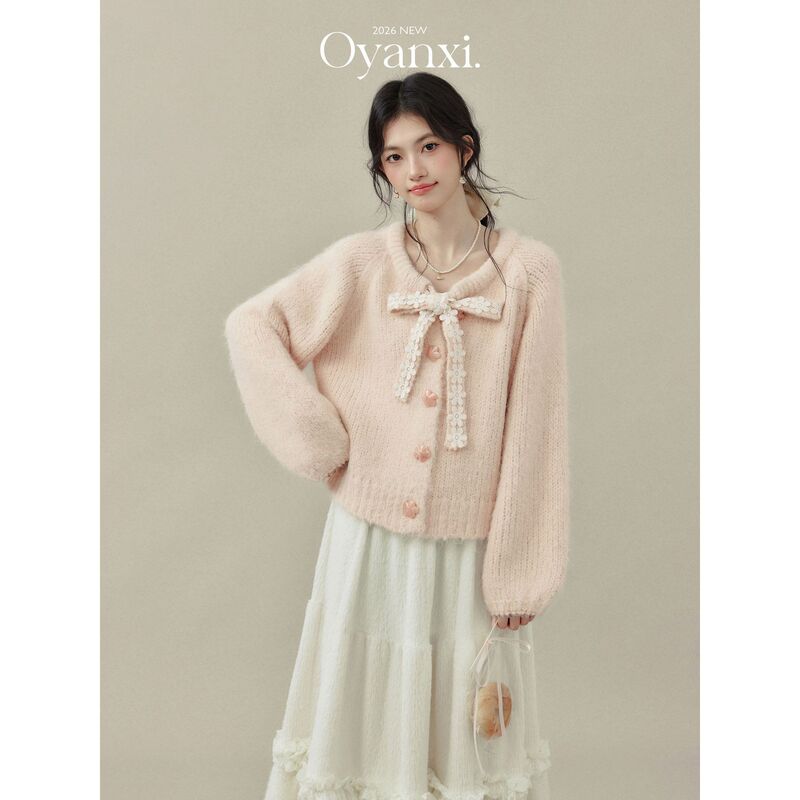 Women's pink sweater with bow ties for autumn and winter, knitted cardigan, inner top, off-season sweater Women's pink sweater with bow ties for autumn and winter, knitted cardigan, inner top, off-season sweater
