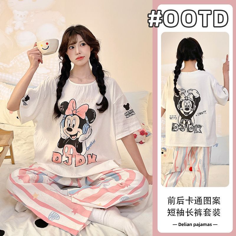 Women's new summer pajamas that can be worn outside, made of cloud cotton, with a round neck, short sleeves, long pants, cartoon design, loose and casual, suitable for petite individuals, home wear
