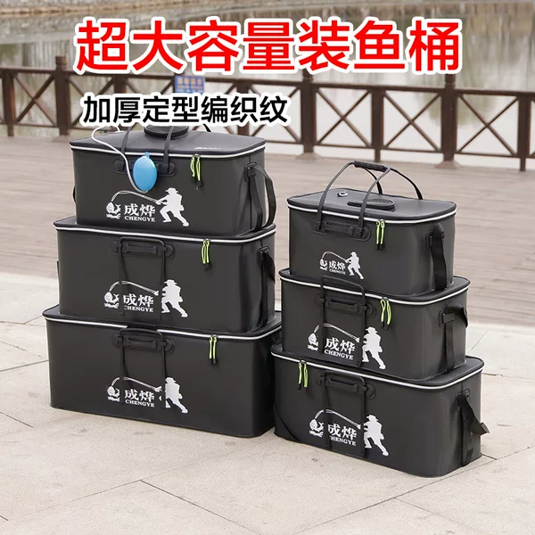 Factory folding fish bucket thickened eva live fish bucket multifunctional fishing box with transparent lid with side pocket large fish bucket