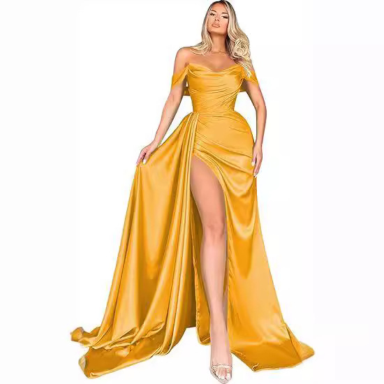 Women's Off-Shoulder Mermaid Slim Fit Prom Dress Long Slit Pleated Wrap Satin Formal Evening Dress