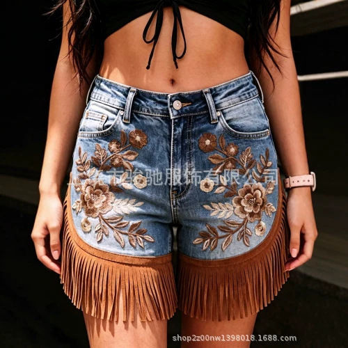 Foreign Trade European and American Women's Clothing Bohemian Style Denim Shorts Retro Floral Print Tassel High-Waisted Shorts Wholesale