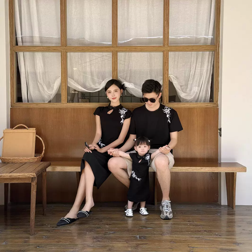 新中式情侣装2025夏装国风亲子装旗袍短袖连衣裙高级感女童裙刺绣