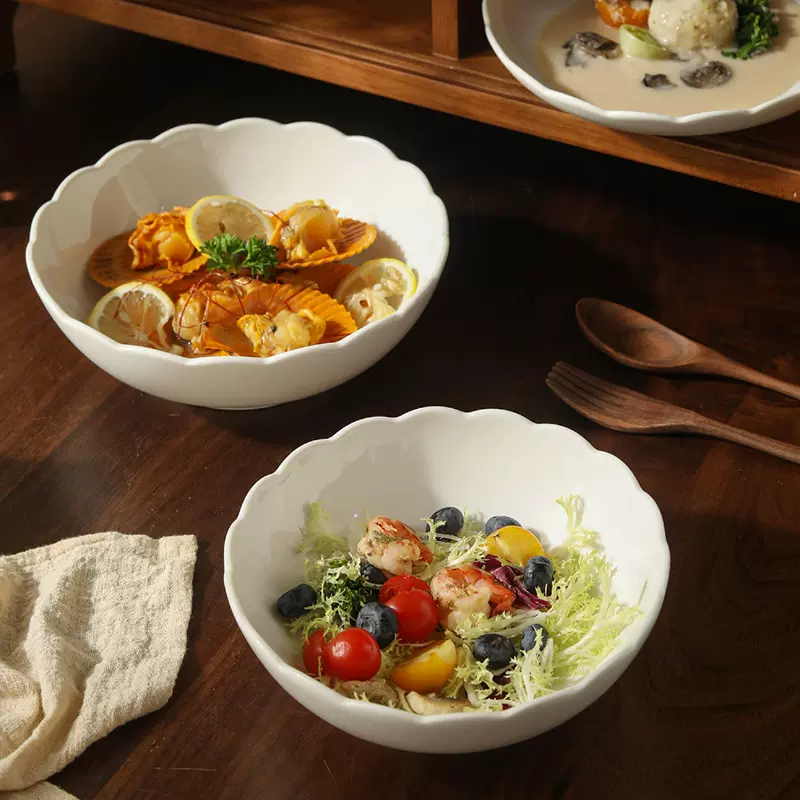 简约ins奶油风花边陶瓷碗甜品盘水果碗沙拉盘菜碗汤碗高脚碗餐具
