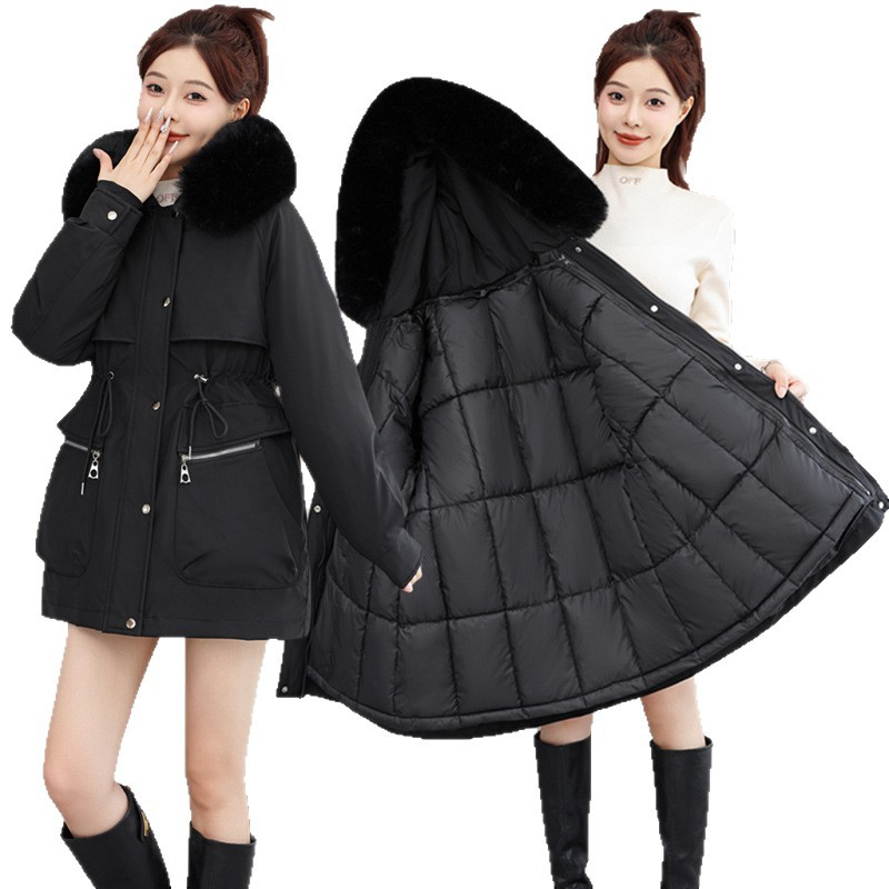 2025 ropa de algodón desmontable para mujeres otoño y invierno nuevo cuello de cabello grande coreano medio largo suelto y grueso chaqueta de algodón lote