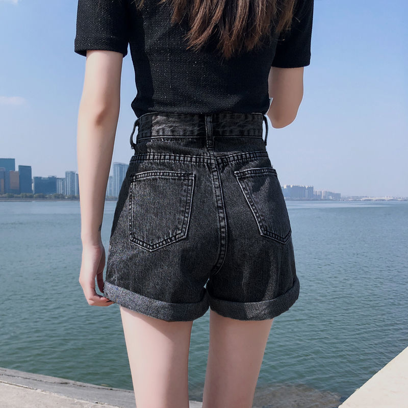 高腰牛仔短裤女2021年夏季新款韩版显瘦宽阔腿卷边夏天外穿热裤