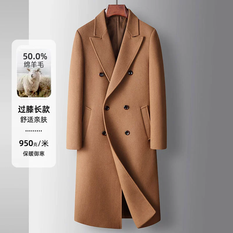 Мужское шерстяное пальто, длинное, длиной до колена, двубортное шерстяное тренчкот для осени и зимы, подходит для мужчин молодого и среднего возраста, деловой повседневный стиль, теплая куртка.