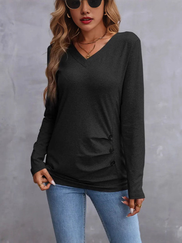 New independent station European and American spring and autumn new solid color long-sleeved button casual T-shirt