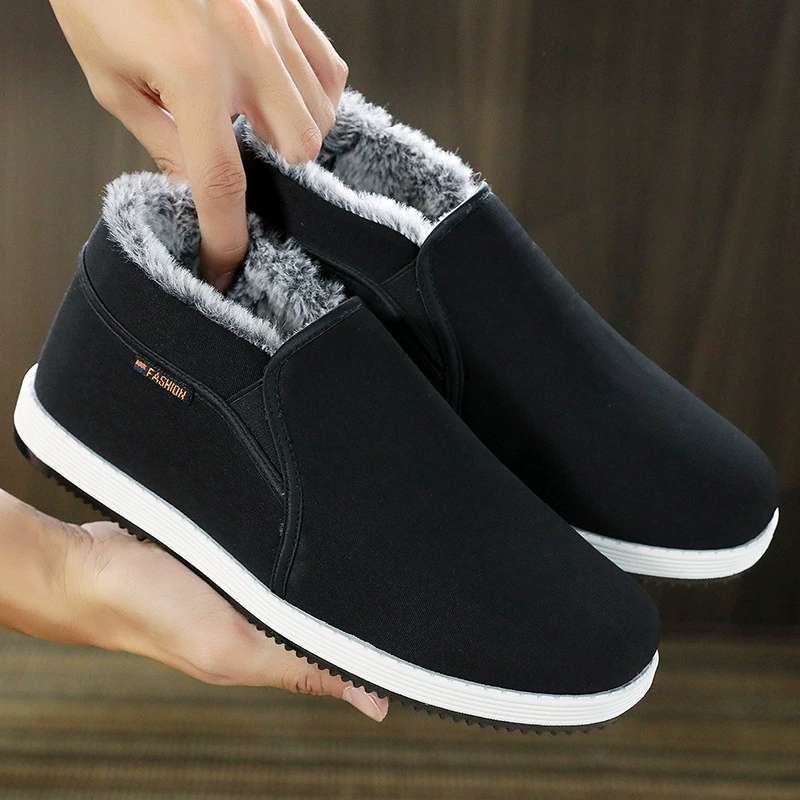 Зимние мужские тканевые туфли в стиле старого Пекина, теплые хлопковые туфли с высоким берцем на флисовой подкладке, нескользящие толстые плюшевые черные рабочие туфли.