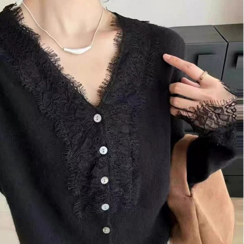 25 New Autumn and Winter Women's Velvet + Wool Lace Cardigan Jacket Knitwear Top Jacket Fashionable and Versatile Casual