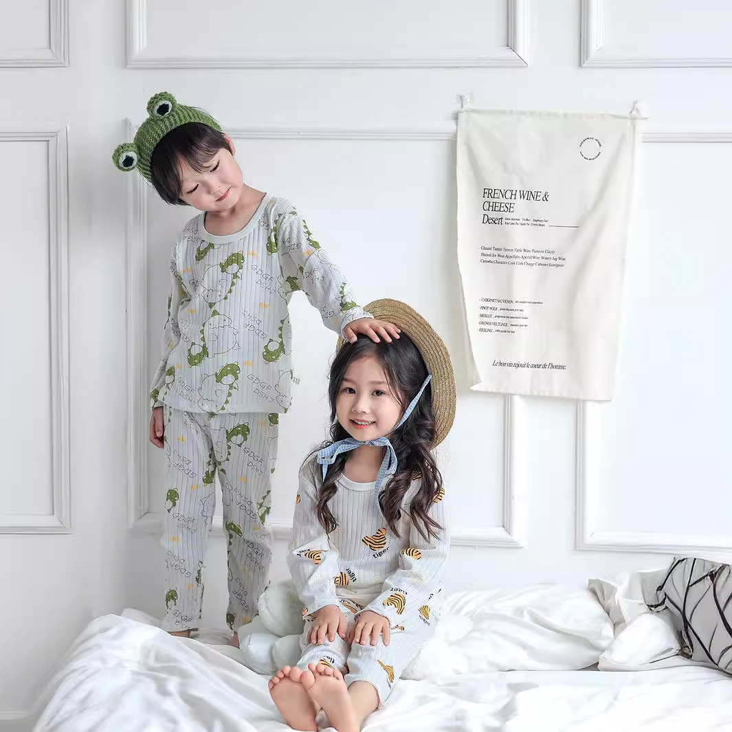 儿童家居服纯棉空调服男童女童睡衣套装a类夏长袖无骨薄全棉