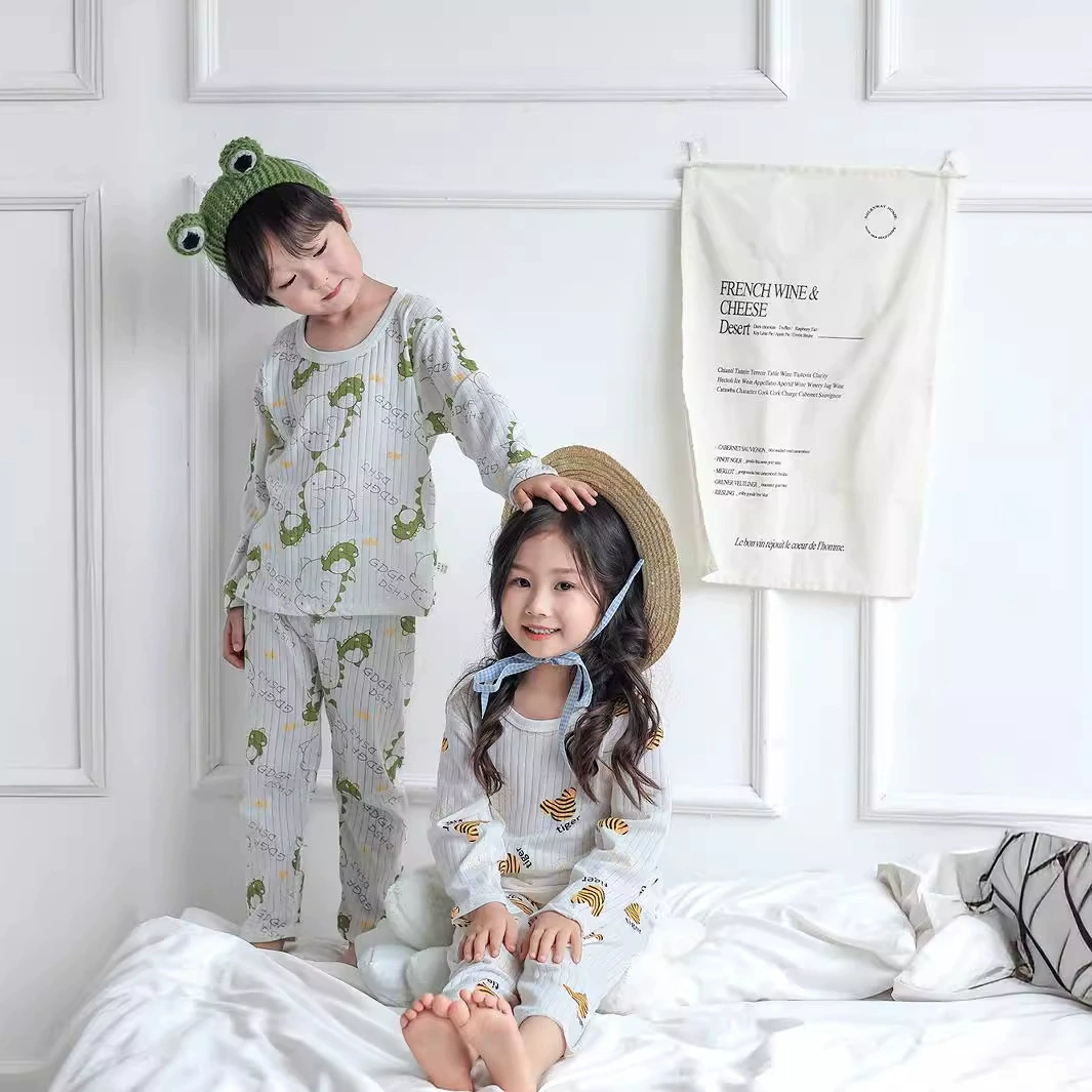 Детская домашняя одежда из чистого хлопка, летний комплект пижам для мальчиков и девочек, класс А, с длинным рукавом, бесшовный, тонкий, полностью хлопковый.