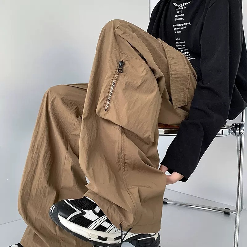 Summer New Trendy Brand Cargo Pants for Men, Japanese Retro Loose Wide-Leg Casual Long Pants, Stylish Zipper Straight Pants