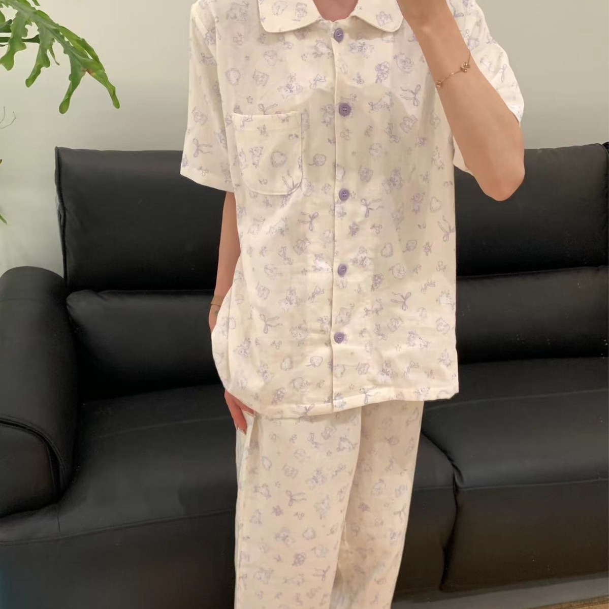 반팔 바지 세트 면 더블 레이어 거즈 잠옷 귀여운 달콤한 홈 옷 느슨한 느긋한 면화 잠옷