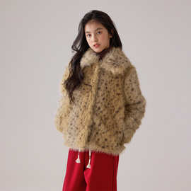 女童豹纹皮草外套2025冬装新款儿童短款洋气加厚保暖宽松毛毛大衣