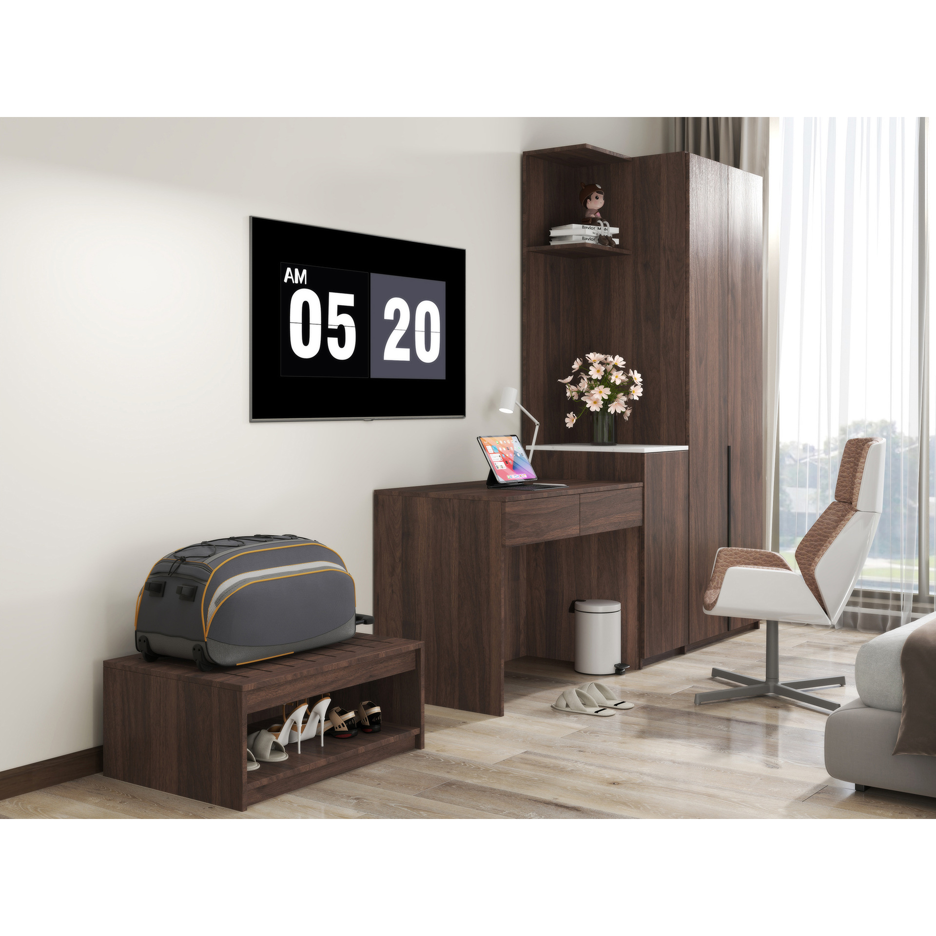 Estante de equipaje de hotel moderno y de moda, escritorio de madera con armario simple y práctico