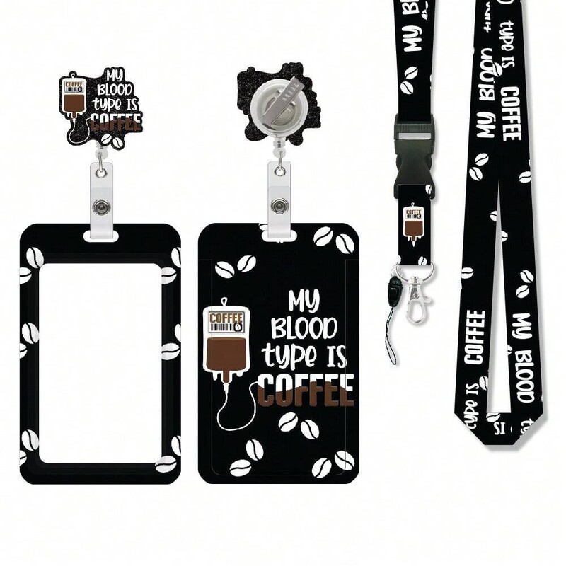 My Blood Type Is Coffee Funny Shape Badge Holder Retractable Reel and Separation Lanyard, School Guard