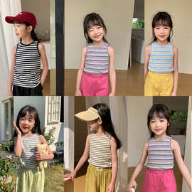 韩国彩虹条纹童装2024夏季新款韩版男童女童中小童坑条童背心T恤