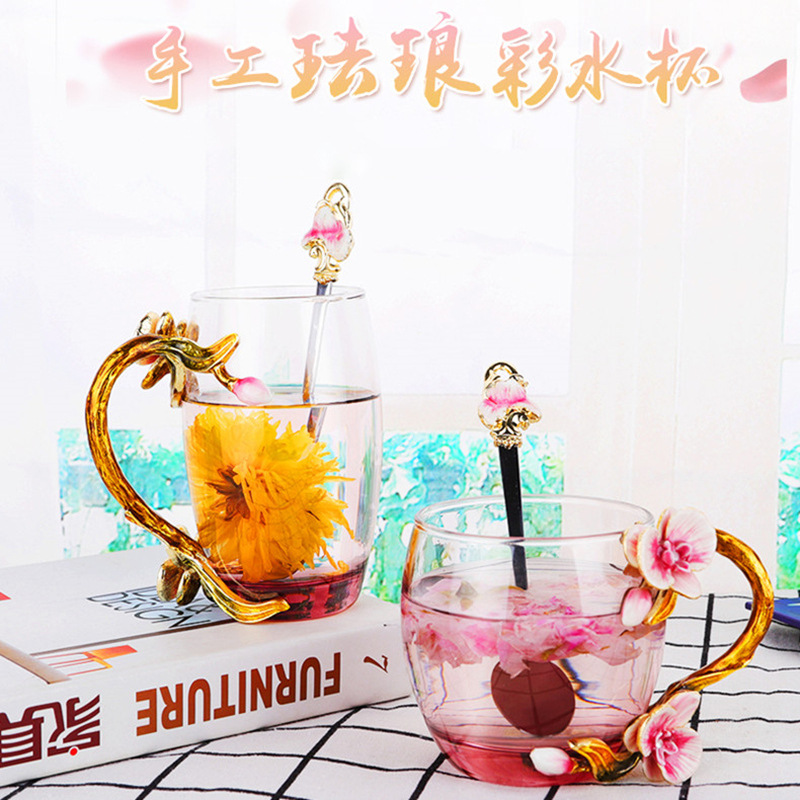 Creative enamel color water cup coffee cup household Crystal heat-resistant glass flower tea cup gift Cup factory wholesale
