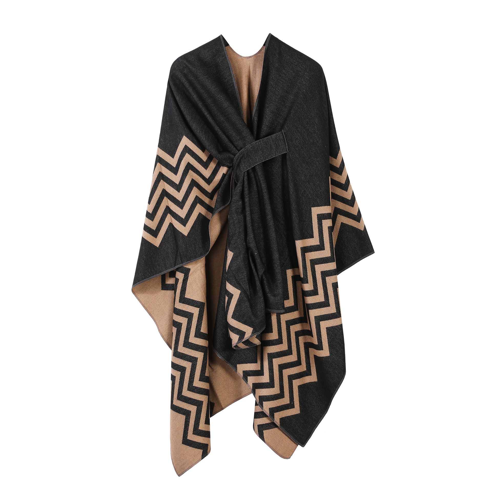 Chal de capa de doble cara lisa europea y americana con marco de puerta a rayas para mujer