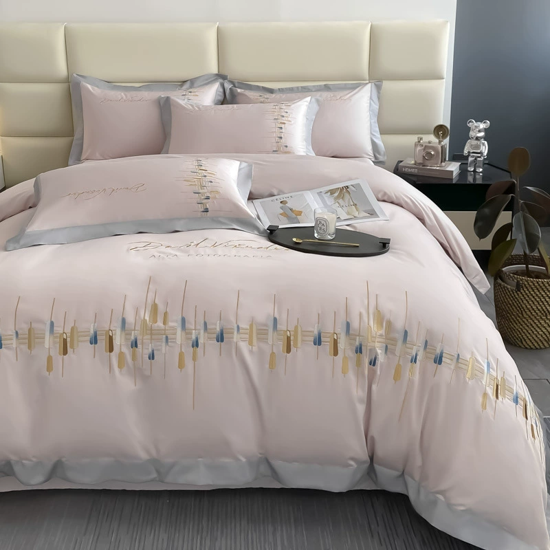 Современный модный хлопковый комплект простыня оптом стиль light luxury с вышивкой простого и элегантного дизайна комплект из 4 предметов