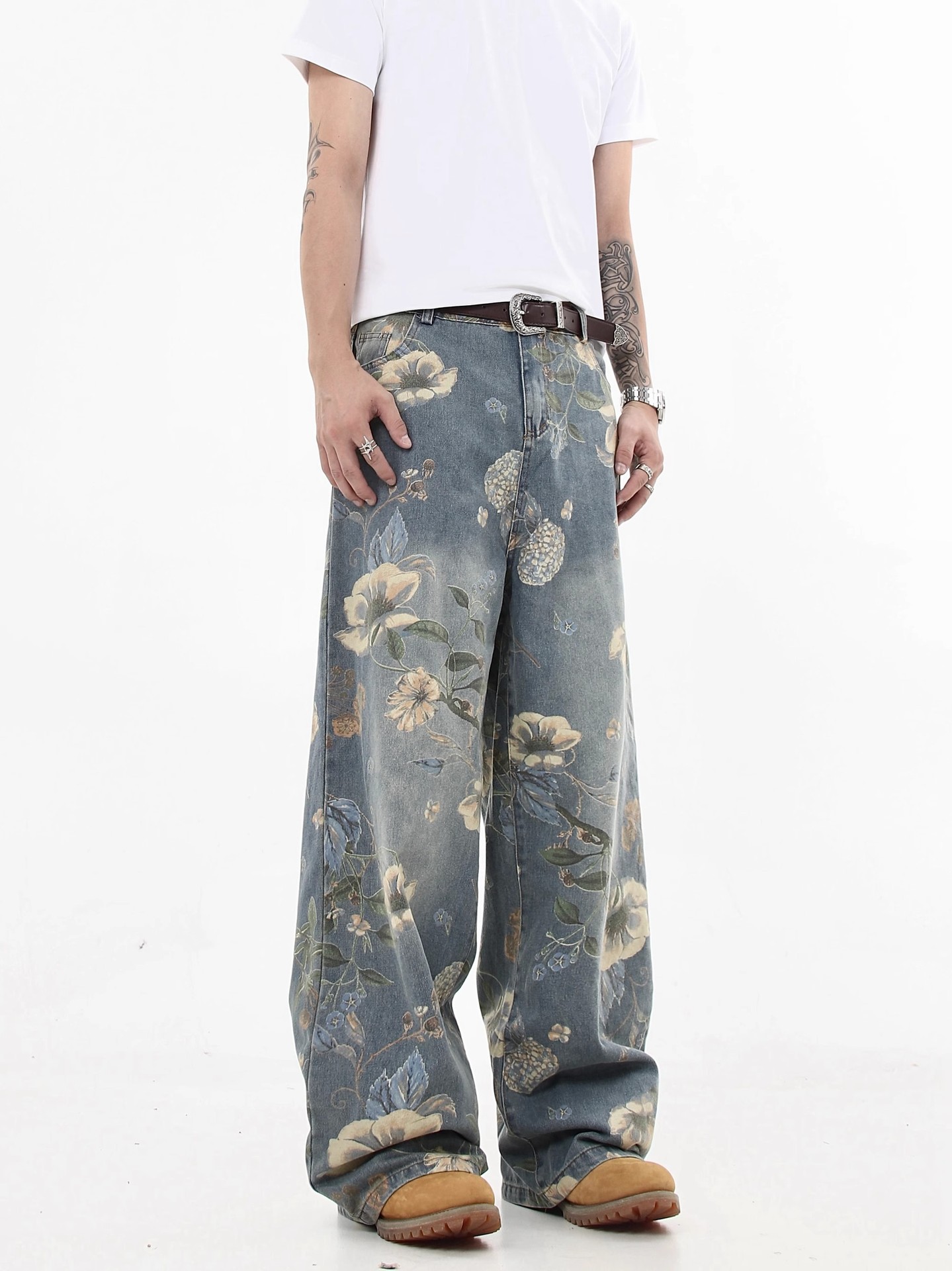 Unisex Retro Floral Print Loose Fit Straight Leg Jeans Hand-Painted Design Blue Trousers S-3XL_mkmklike.com