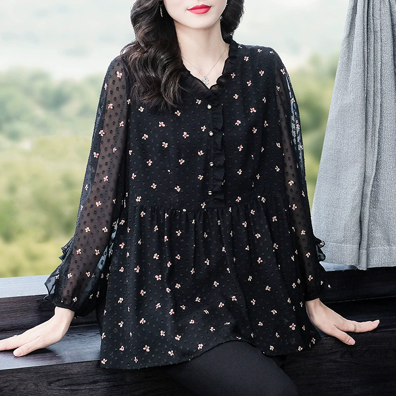 Летняя Свободная шифоновая рубашка с длинными рукавами и цветочным принцессой больших размеров 240 кг, одежда для женщин среднего и пожилого возраста