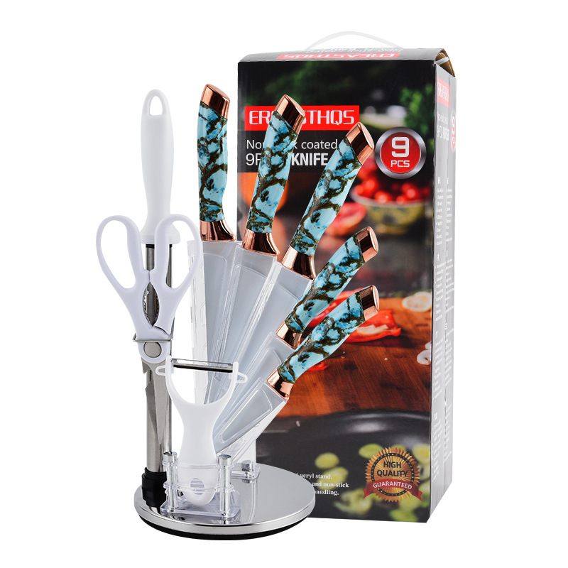 Nuevo cabezal de galvanoplastia doble transfronterizo de acero inoxidable, portaherramientas giratorias, juego de cuchillos de cocina de 9 piezas, juego de cuchillos para el hogar de cocina