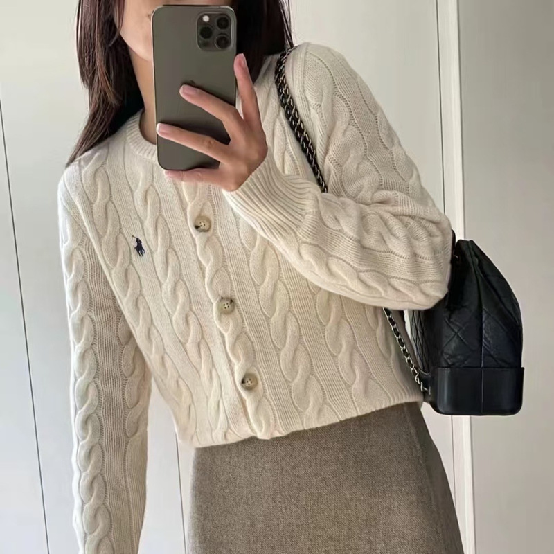 High Version Rl Raff Hemp Cardigan Sweater Classic Pony Embroidered Casual Elegant Long-Sleeved Knitted Top for Women
